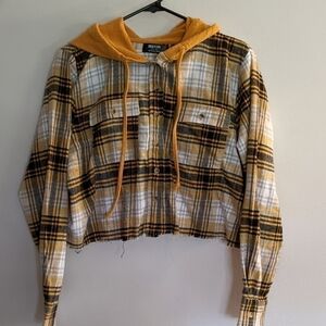 𝅺JOLIE & Joy Flannel Cropped Hoodie Plaid Yellow Black Large